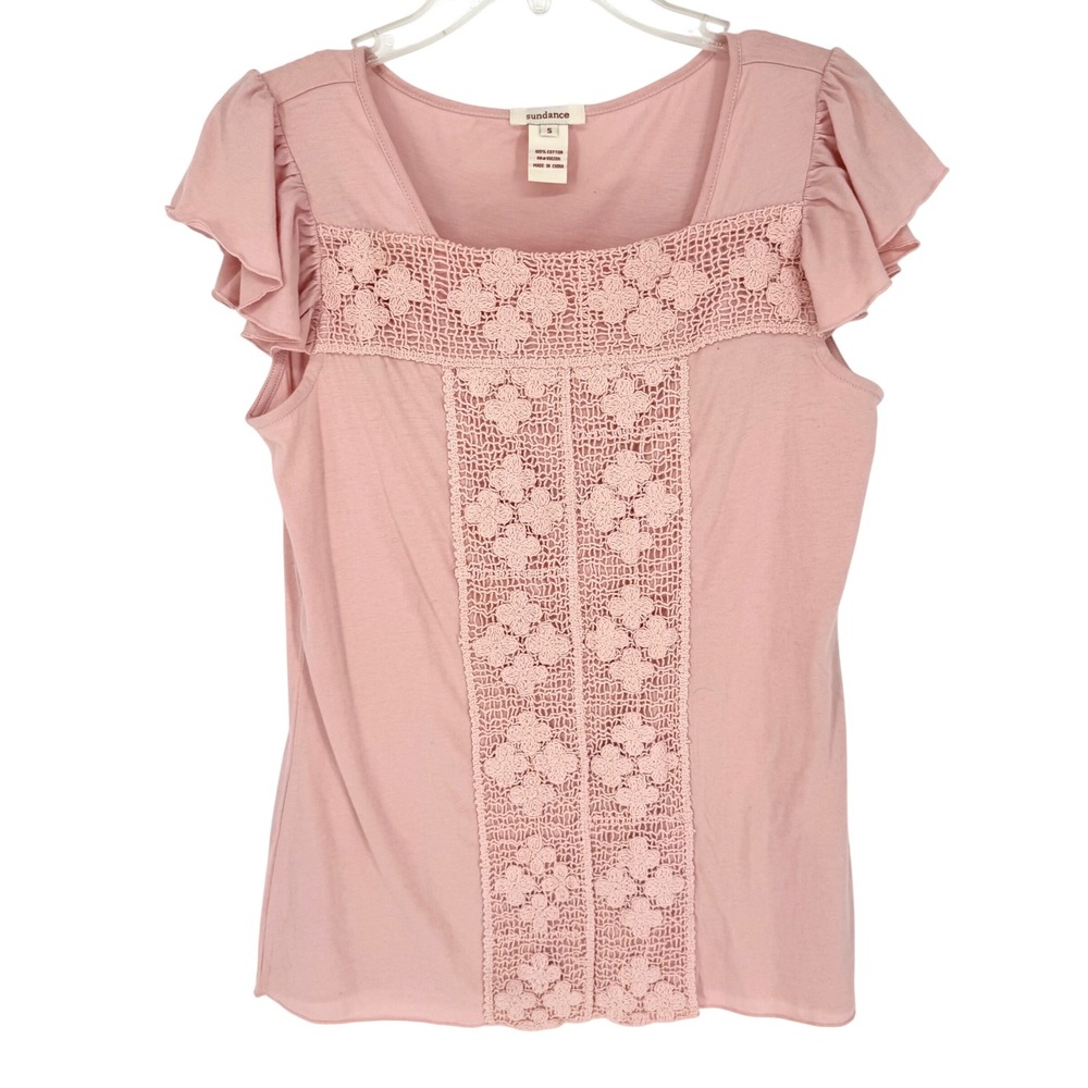 Sundance Crochet Inset Flutter Puff Sleeve Tee Baby Pink Size S Boho Coquette